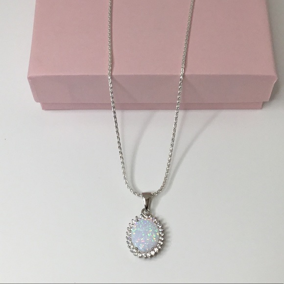Sterling Silver White Lab Opal & Cz's Necklace - Picture 4 of 15